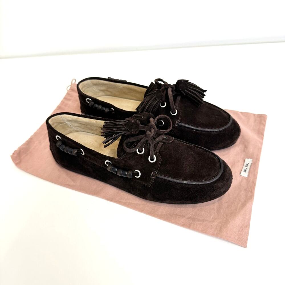 MIU MIU Brown Suede Tassel Deck Boat Beaded Moccasin Shoes 37 NEW Leather Loafer